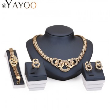 AYAYOO Jewelry Sets For Women African Beads Gold Plated Wedding Necklace Bracelet Imitation Crystal Earrings Rings Accessories32433797826