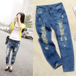 Hot sale Women's ripped jeans Fashion boyfriend jeans for woman Loose hole denim pants Free shipping