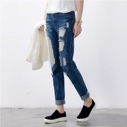 Hot sale Women's ripped jeans Fashion boyfriend jeans for woman Loose hole denim pants Free shipping