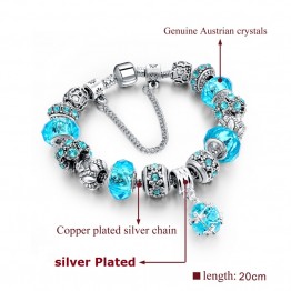 LongWay European Style Authentic Tibetan Silver Blue Crystal Charm Bracelet for Women Original DIY Beads Jewelry Christmas Gift 