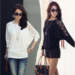 OMH Spring Summer Women's Korean fashion batwing Lace long Sleeve patchwork Female Pure color clothes T-Shirts Tops, TX16