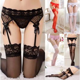 Sexy Women's Sheer Lace Top Thigh-Highs Stockings Lingerie Garter Belt Suspender Set SW421