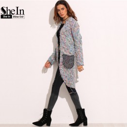 SheIn 2016 Autumn Winter Woman Coats Women Elegant Long Coat Long Sleeve Multicolor Tweed Raw Edge Coat With Pockets