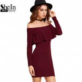 SheIn Autumn Women's Dress Bodycon Burgundy Off The Shoulder Ruffle Sexy Mini Party Dresses Long Sleeve Fall Dress