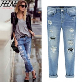 Spring New Women Jeans Ripped Holes Fashion Straight Full Length Mid Waist Famale Washed Denim Pants Cotton Trousers