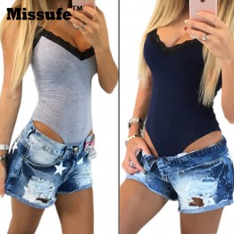 Summer Style 2016 Sexy Lace Stitching V-neck Casual Slim One Piece Bodysuit Sleeveless Sling Solid Color Women Bodycon Jumpsuits