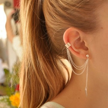 Sunshine Fashion Jewelry Leaf Tassels Earrings Three-Wire Long Dangle Ear Clip Silver Gold Charm Stud Earrings For Women Gifts652525525