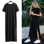 [TWOTWINSTYLE] 2016 Summer High Slit Long T shirt Women Sex Dress Short-sleeved Black New Fashion Clothing