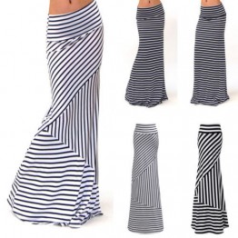 Women ASYMMETRIC High Waist Striped Fold Over Stretch Long Maxi Skirt Plus Size