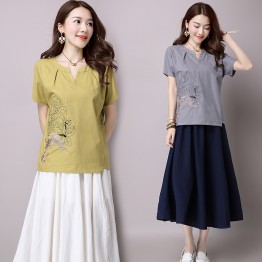 Women Ethnic Blouses Summer Short Sleeve Linen Blouse Plus Size Korean Fashion Casual Clothing Ladies Tops Blusas Feminina